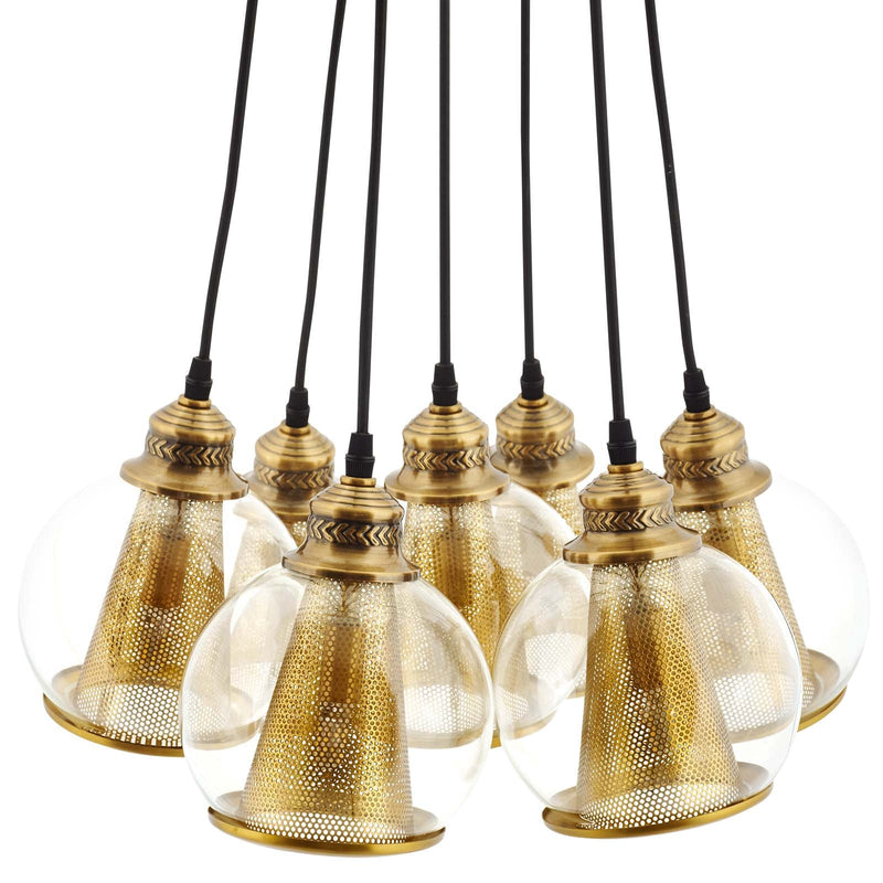 Matias Brass Cone and Glass Globe Cluster Pendant Chandelier