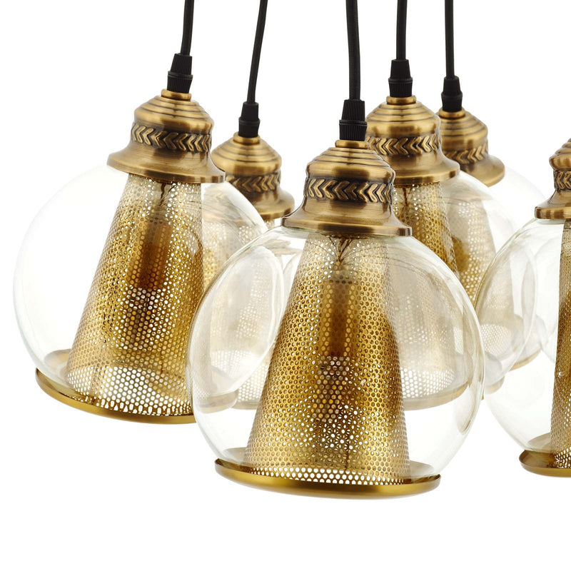 Matias Brass Cone and Glass Globe Cluster Pendant Chandelier