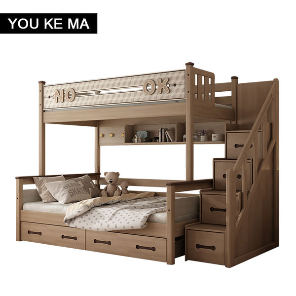 Modern Children&#39;s Bunk Bed Solid Wood with Storage Ladder Drawer
