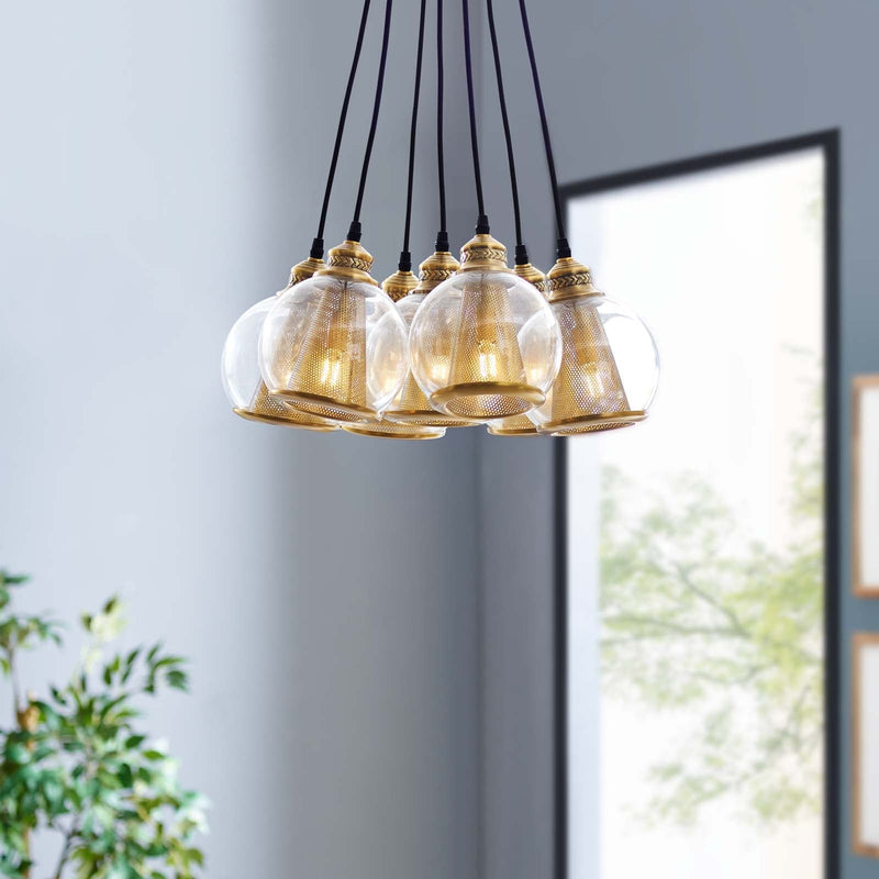 Matias Brass Cone and Glass Globe Cluster Pendant Chandelier