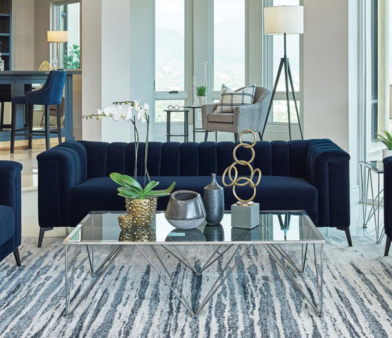 The Alann Sofa By Clayson Design Rich Navy Velvet | Channel Tufting | Tuxedo Arms | Sculpted Modern Base by Clayson Design