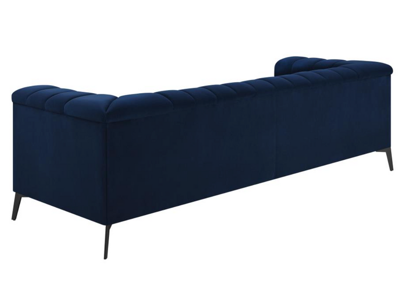 The Alann Sofa By Clayson Design Rich Navy Velvet | Channel Tufting | Tuxedo Arms | Sculpted Modern Base by Clayson Design