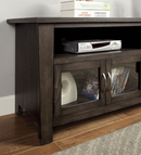 Alma 60" Transitional Gray TV Stand with Glass Cabinet Doors and Open Shelving