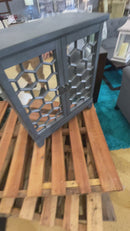 Petrol Blue Mirrored Door Cabinet Console w Trellis Hexagon Wood Carving Mirror Lens