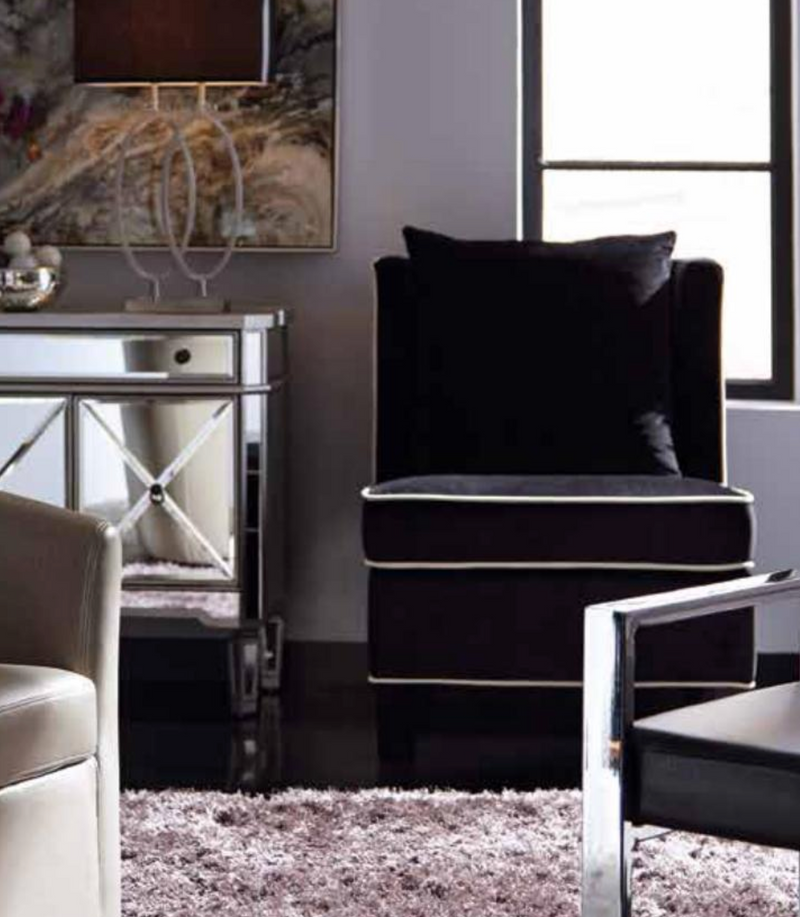 Designer Chair Silken Black Velvet with Vanilla Contrasted Piping
