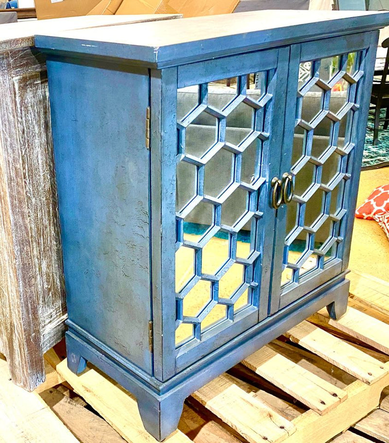 Petrol Blue Mirrored Door Cabinet Console w Trellis Hexagon Wood Carving Mirror Lens